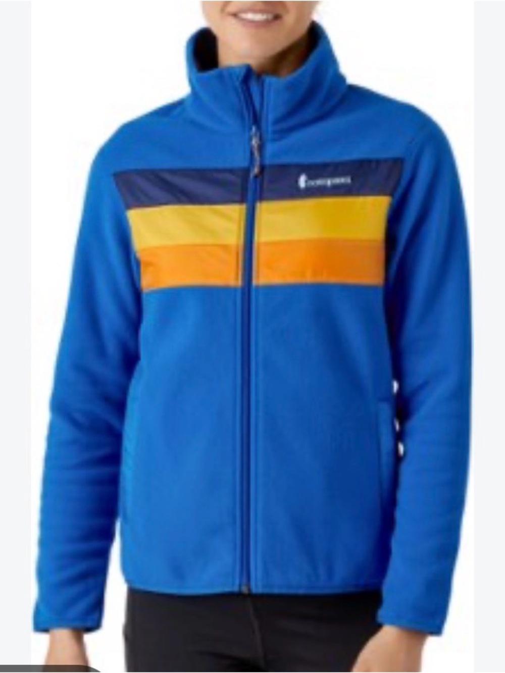 Cotopaxi Teca Fleece Full-Zip Jacket Blue with Orange + Yellow Stripe W’s Small